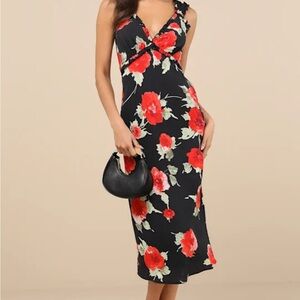 Lulu's Black and Red Floral Midi Dress